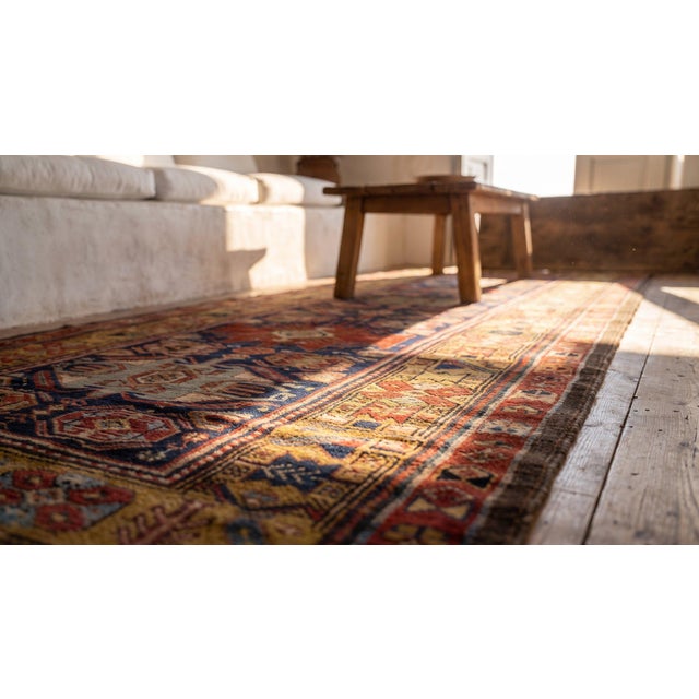 Textile 1870s Navy Blue Geometric Tribal Antique Nw Persian Hand Knotted Rug 3'6" X 11'2" Wool Carpet For Sale - Image 7 of 9