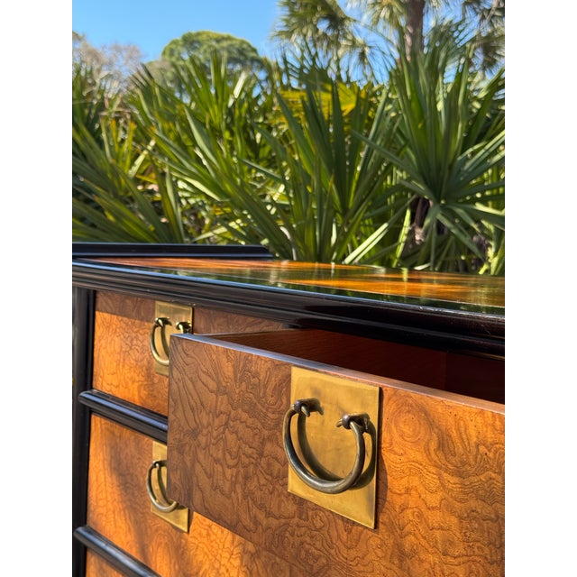 1970s Raymond K. Sobota for Century Chin Hua Burlwood Campaign Chest – Hollywood Regency Asian Inspired Dresser For Sale - Image 11 of 12