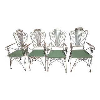 Vintage Neoclassical Style Green Wrought Iron Lyre Harp Garden Chairs - Set of 4 For Sale