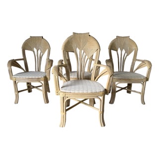 Vintage Boho Chic Coastal Rattan & Leather-Wrapped Dining Chairs – Set of 4 For Sale