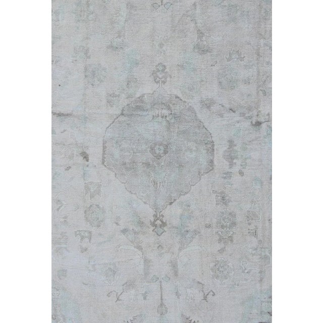 Muted Layered Medallion Vintage Turkish Oushak Rug in Taupe, Lt Blue, and Brown For Sale - Image 4 of 7