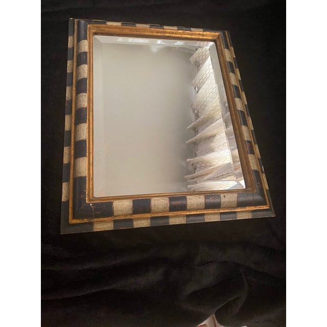 Vintage Checkered Wooden Frame Beveled Glass Mirror For Sale - Image 10 of 12