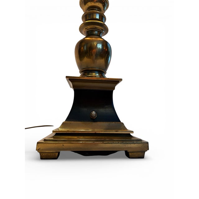 Stiffel 1960s MCM Torchiere Lamp Stiffel, Candle Stick Neoclassical Brass Finish With Original Shade & Finial. 3-Way Elc. For Sale - Image 4 of 12