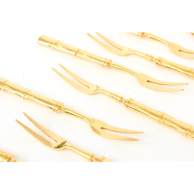 1960s Vintage Gold Plated Bamboo Design Serving Forks Set of 12 For Sale - Image 5 of 11