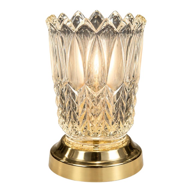 Vintage Cut Glass Table Lamp With Geometric Faceted Design & Gold-Tone Base For Sale