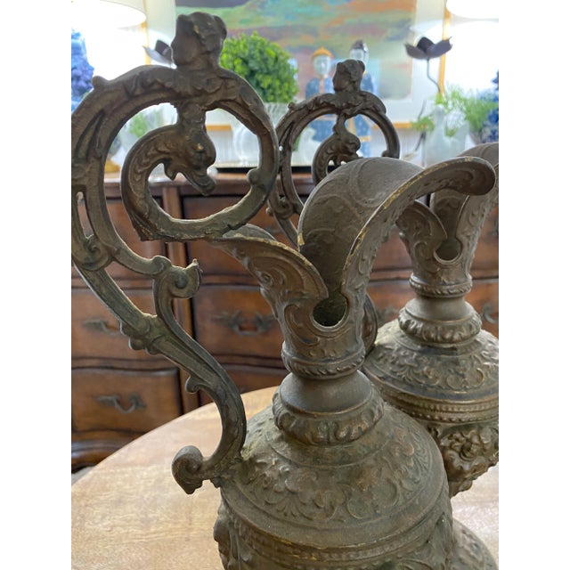 Antique Guilded Cast Brass or Bronze Ornate Renaissance Ewers / Pitchers- a Pair For Sale - Image 10 of 12