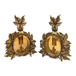 Antique French Pair of Gilt Brass Filigree & Glass Rococo Style Perfume Bottles For Sale