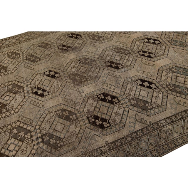 1930s Antique Handmade Persian Turkmen Wool Rug With Geometric Motif in Light Brown For Sale - Image 4 of 7