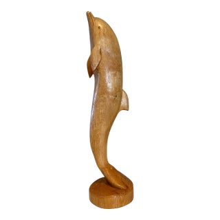 Vintage Large Golden Hardwood Hand Carved Dolphin Statue For Sale