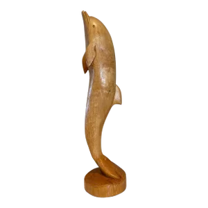 Vintage Large Golden Hardwood Hand Carved Dolphin Statue