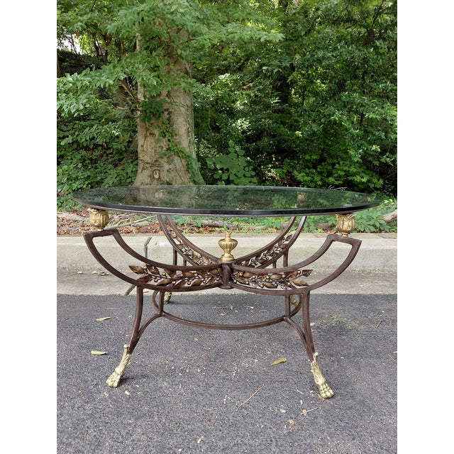 Vintage Neoclassical Style Iron & Brass Coffee Table With Glass Top For Sale - Image 4 of 5