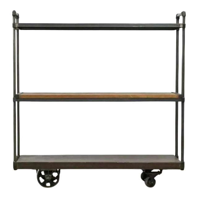 Industrial Iron Reclaimed Wood Triple Shelving Cart For Sale