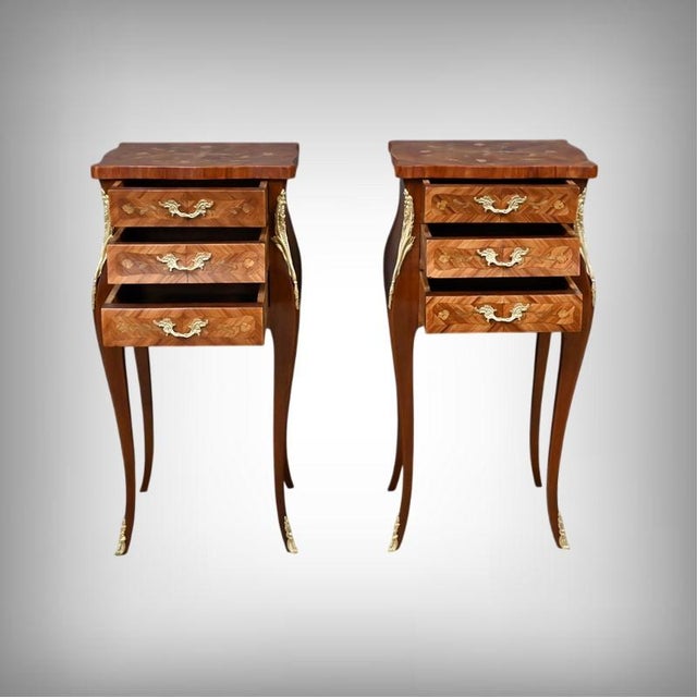 These two Louis XV style bedside tables feature a sinuous silhouette and cabriole legs, lending them great elegance. They...