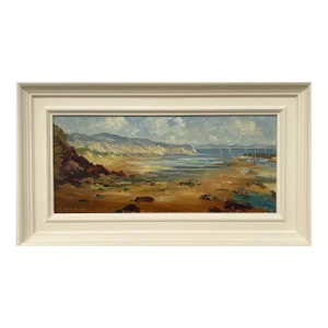 Mid-20th Century Impasto Oil Painting of Coastal Harbour Scene With Mountains in Wales