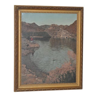 High Desert Fishing Vintage Oil Painting by Loosen c.1965 For Sale