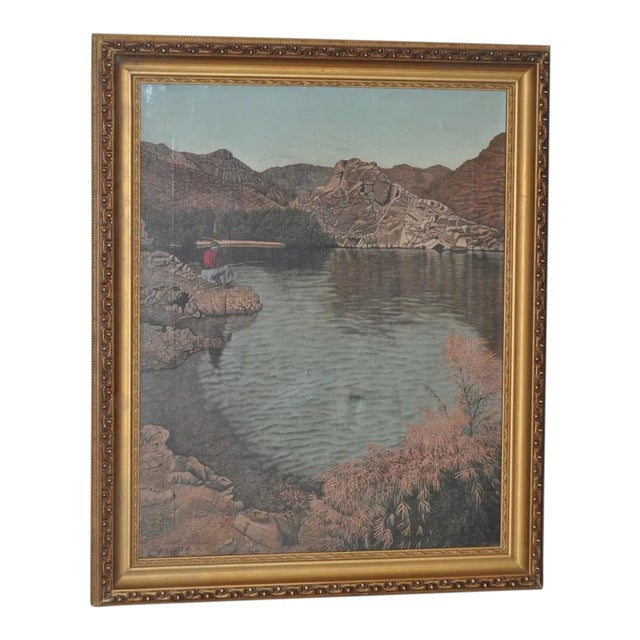 High Desert Fishing Vintage Oil Painting by Loosen c.1965 For Sale