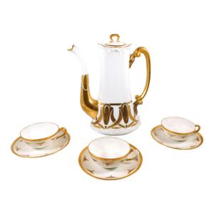 Late 18th Century Signed White and Gold Tressemanes & Vogt Limoges Chocolate Pot With Cups- 8 Pieces