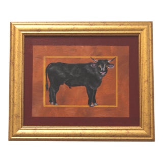 Bull Cow Steer Western Americana Folk Art Traditional English Sienna Black Burgundy Original Oil Painting by Cleo Plowden For Sale