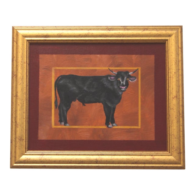 Bull Cow Steer Western Americana Folk Art Traditional English Sienna Black Burgundy Original Oil Painting Cleo Plowden For Sale