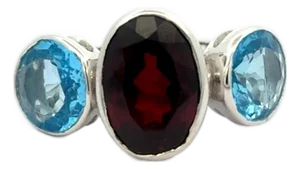 Artisan Crafted Oval Garnet and Blue Topaz Trio Stone 925 Silver Ring - Size 7.5
