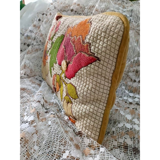 Textile Vintage Handmade Needlepoint Pillow Wool Back to Velvet Floral For Sale - Image 7 of 12