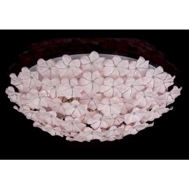 Italian flush mount with layered hand blown pink Murano lotus flowers mounted white metal structure / Made in Italy in the...