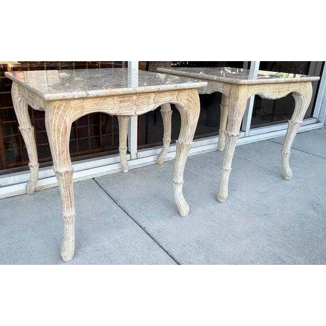 Pair of French Provincial-Style Side Tables With Marble Tops and Carved Wooden Legs For Sale - Image 4 of 7