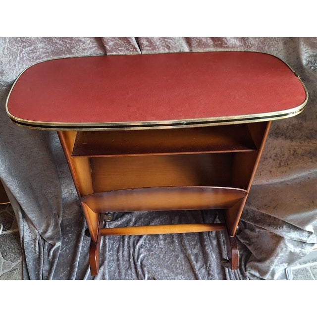 Mid-Century Side Table with Integrated Newspaper Rack in Brown Beechwood with Red Faux Leather Top, 1960s For Sale - Image 6 of 7