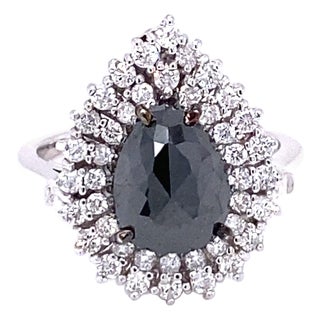 3.01 Carat Black and White Diamond Double Halo 14 Karat White Gold Bridal Ring, Size 7 For Sale