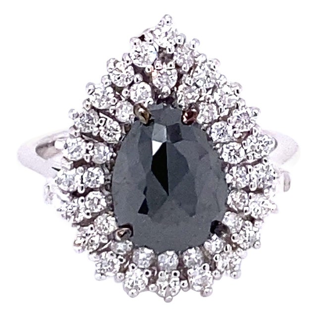3.01 Carat Black and White Diamond Double Halo 14 Karat White Gold Bridal Ring, Size 7 For Sale