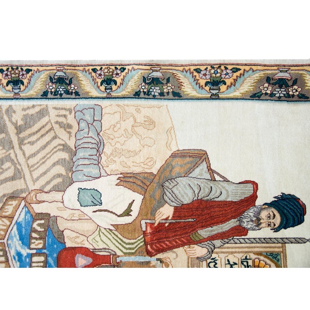 A beautiful late 20th century Persian Tabriz pictorial rug depicting a man and woman standing near a fountain and filling...