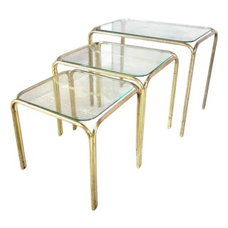 Mid-Century Hollywood Regency Brass and Glass Nesting Tables, 1970s, Set of 3 For Sale