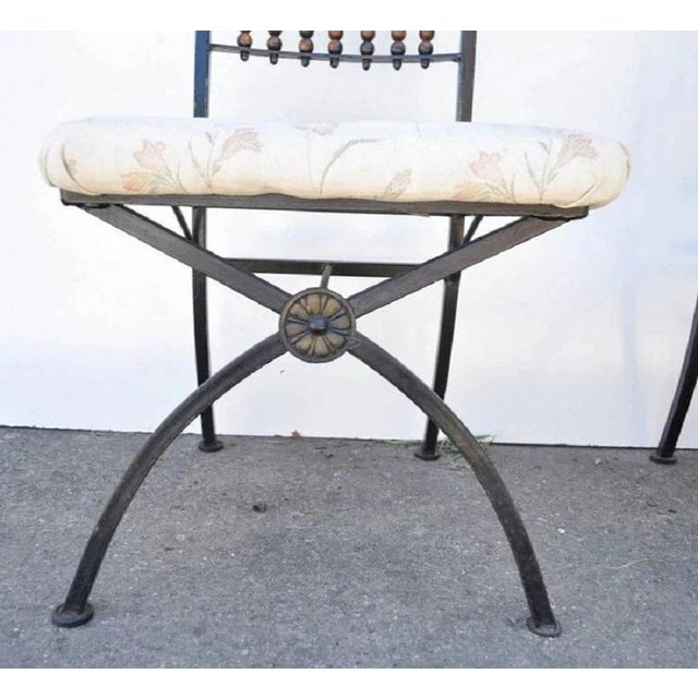 Mid 20th Century Hollywood Regency Wood Ball Abacus Wrought Iron Curule Dining Chairs - Set of 4 For Sale - Image 5 of 12