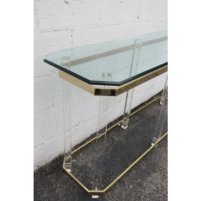 Hollywood Regency Lucite and Brass Finish Glass Top Console Table For Sale - Image 10 of 12