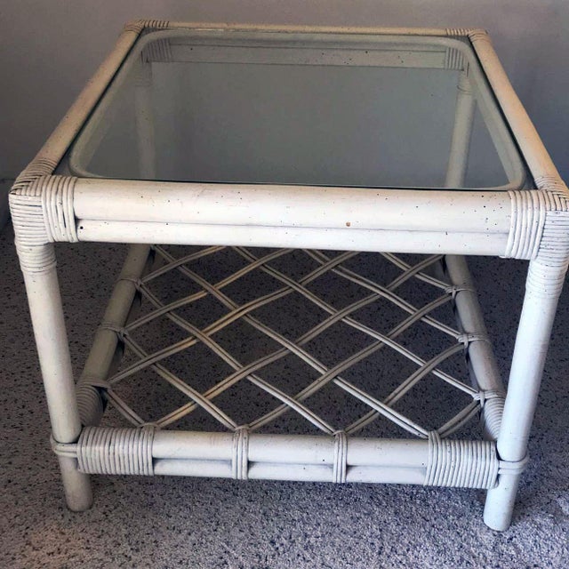 1990s White Rattan Ficks Reed Style Side Table With Latticed Lower Shelf For Sale - Image 11 of 11