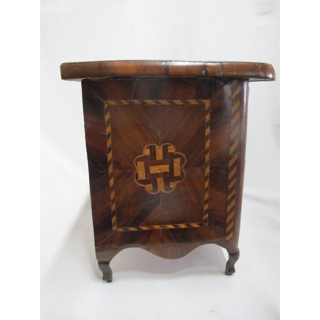 19th Century Antique Marquetry Inlaid Wood Miniature Footed Jewelry Box Vanity Chest For Sale - Image 5 of 18