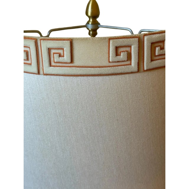 1960s Hollywood Regency Ceramic Lamp, Pale Orange With White Chinoiserie Decoration. Terra Cotta Base. Original Lampshade With Greek Key Tape Trim For Sale - Image 4 of 9