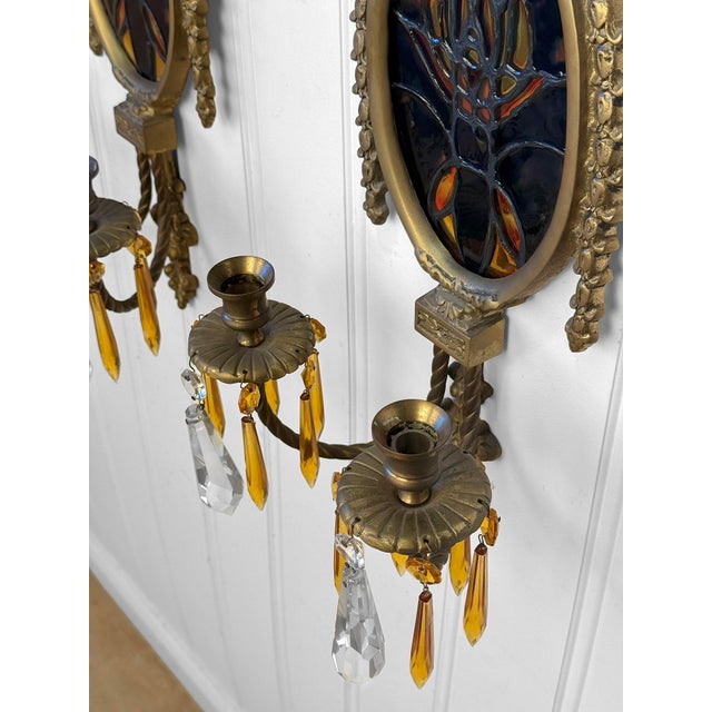 Antique Empire Brass & Stained Glass Crystal Prism Candle Wall Sconces - A Pair For Sale - Image 10 of 11