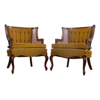 Mid-20th Century French Country Louis XV or Bergere Style Pair Low Backed Chairs With Cane Wingbacks by Fairfield Chair For Sale