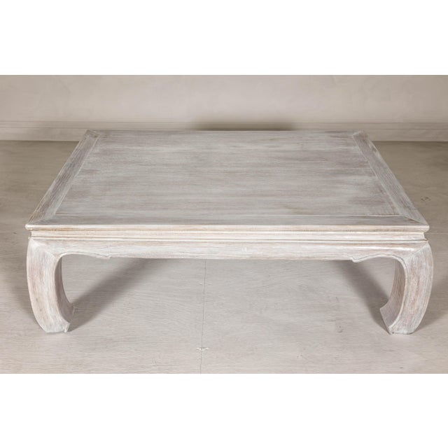 Teak Ming Style Whitewash Coffee Table with Chow Legs and Carved Apron For Sale - Image 10 of 12