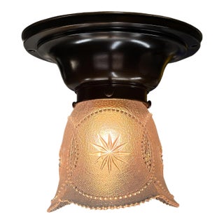 Small Pressed Glass Shade on Brass Light Fixture For Sale