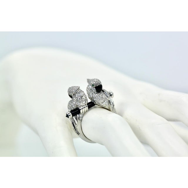 2010s 18k Gold Double Parrot Cocktail Ring With Diamonds and Onyx, France, Size 6.5 For Sale - Image 5 of 7