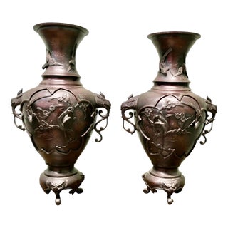 Large Japanese Meiji Bronze Vases, 1900s, Set of 2 For Sale