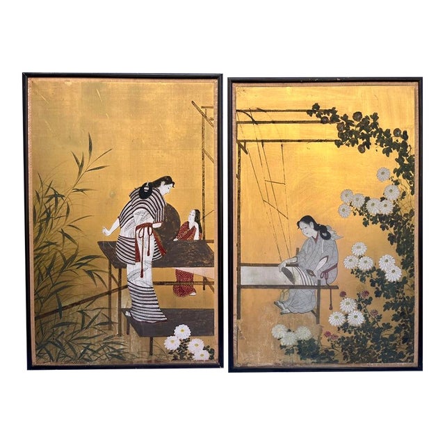 Antique Japanese Hand Painted Panels a Pair For Sale