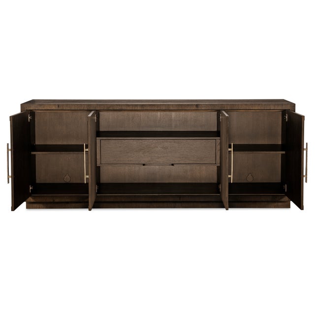 Behind center set of doors is one pull-out drawer with open storage above & below<br>Behind outer two doors is one...