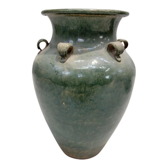 Antique Stoneware Green-Glazed Mataban Jar Vase For Sale