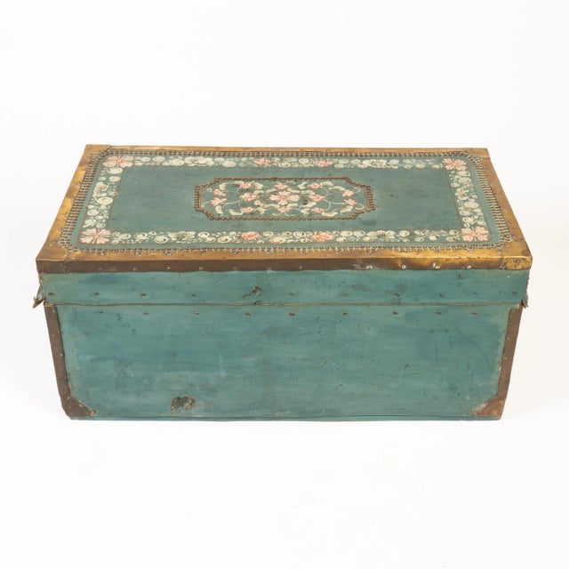 Wood Early 19th Century Chinese Decorated Blue Leather Covered Wood Trunk For Sale - Image 7 of 8