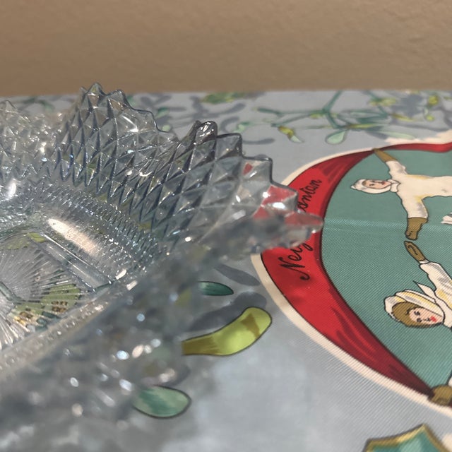 1960s Vintage Indiana Glass Diamond Point Ruffled Candy Dish Ice Blue Tinted Pressed Glass For Sale - Image 5 of 7