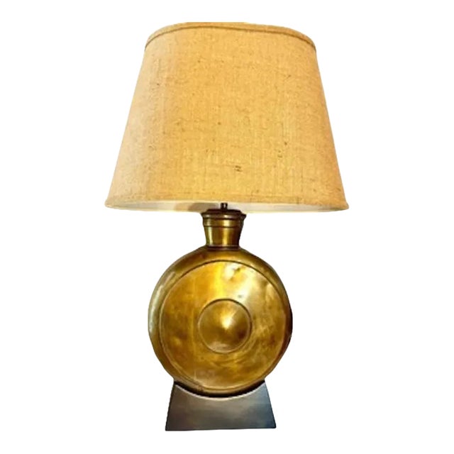 Antique Brass 'Drum' Urn Table Lamp Custom Made 1950s - With New Custom Burlap Shade For Sale