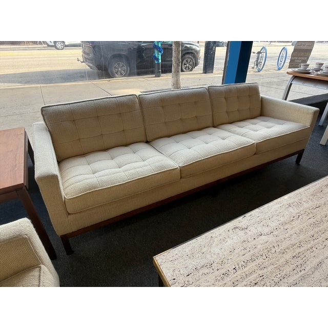 You are viewing a classic Walnut Framed Sofa, designed by Florence Knoll for Knoll Intl c1960s. The iconic mid century...